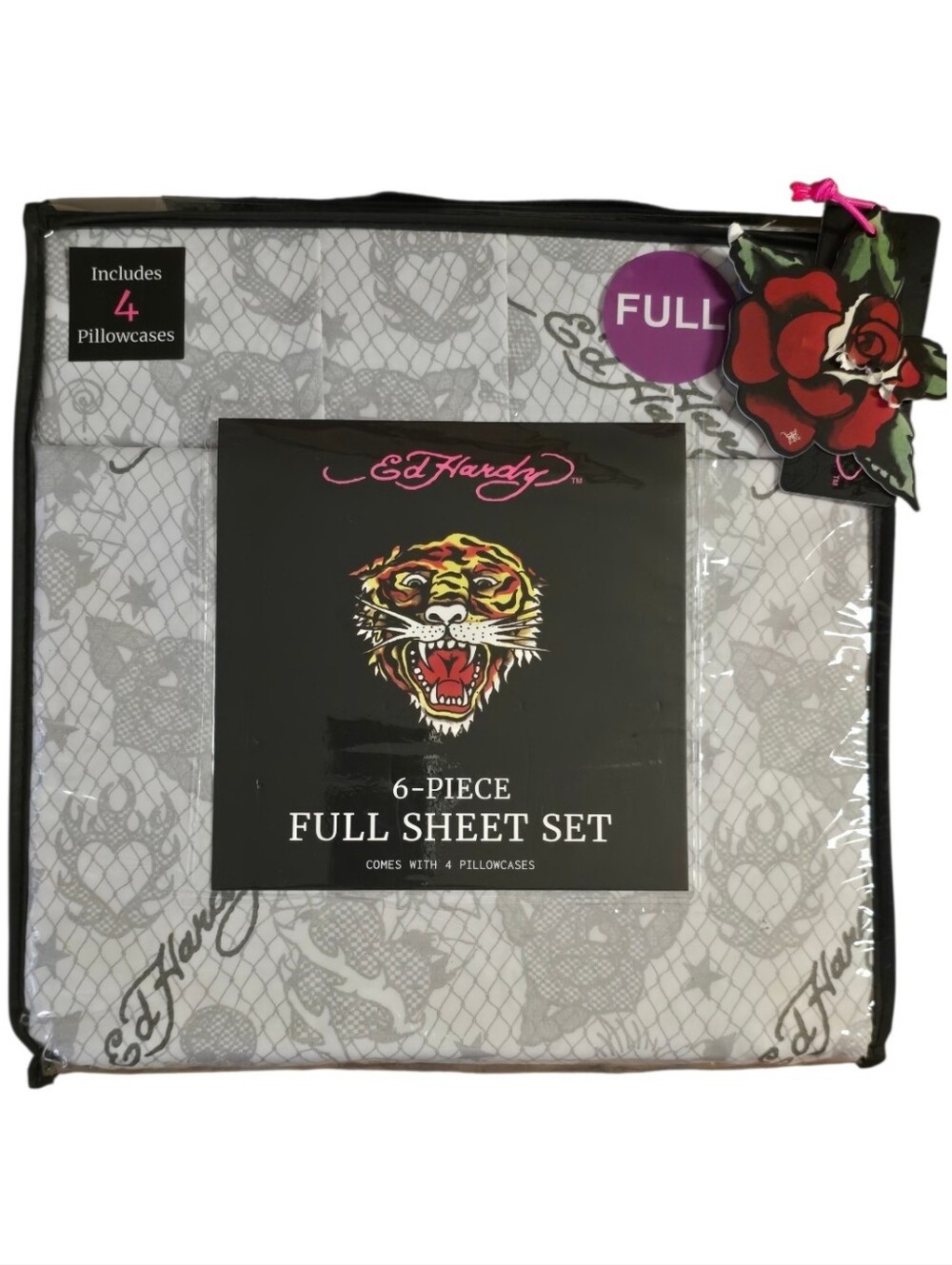 Ed Hardy 6 Piece White And Grey Tattoo Full Sheet Set. NWT